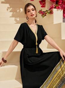 Al Najma Women's V-Neck Shirt With Fringe And Patchwork Ribbon & Skirt 2pcs Set 2 Piece Set - Black - View 4