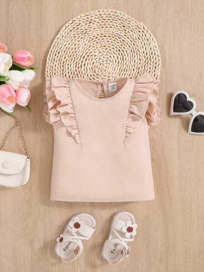 SHEIN Bebê menina bonito dupla camada mangas curtas cor sólida top