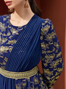 Al Najma Quý cô Xếp li Ả Rập Phong cách Đầm Với Gold Foil In Hoa - Màu xanh lam - Xem 5