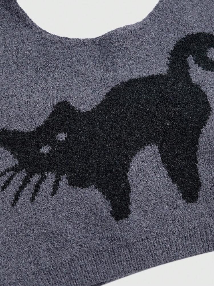 Cat Patterned Knitted Top With Detachable Strap