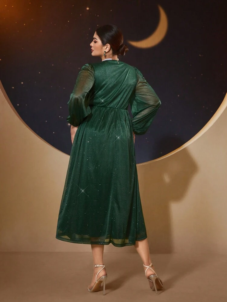 Plus Size Women's Shiny Lantern Sleeve Arabic Style Dress,Elegant Evening Party Dress Long Evening Dresses