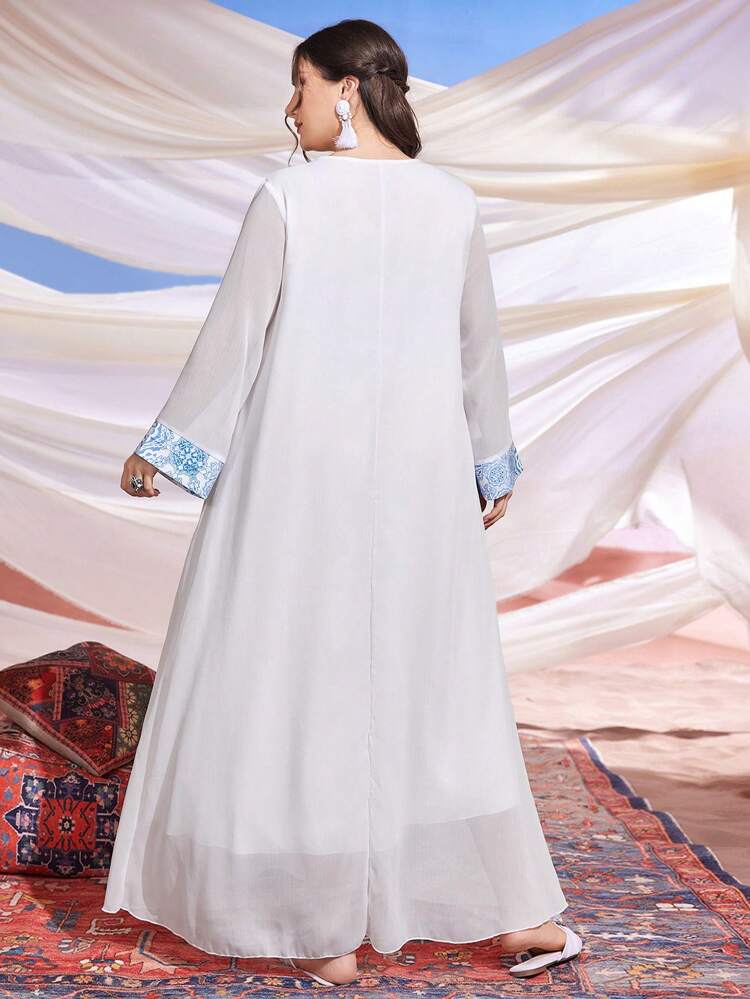 Plus Size Women's Floral Printed Round Neck Chiffon Arabic Clothing, Modest Full Length Jalabiya