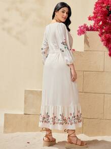 Seusyu 大尺碼女士阿拉伯風燈籠袖花卉印花連衣裙 - 杏色 - 查看 4