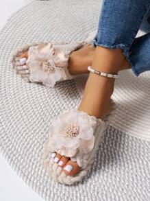 2024年秋季/冬季女士花卉图案时尚休闲室内外家居拖鞋，毛绒拖鞋