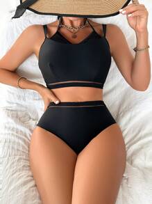 Swim DD+ 女士镂空后背系带比基尼套装夏季海滩 - 黑色 - 查看 6