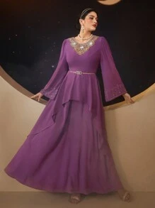 Modelyn 大码女式圆领花卉贴花装饰喇叭袖连衣裙，优雅晚会礼服长款晚礼服 - 紫色 - 查看 7