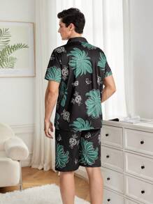 Men's Plant Printed Short Sleeve Shirt Pajama Set - Black - View 2