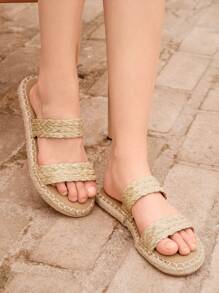 Styleloop Sandalias Planas Tejidas Versátiles Y De Moda Para Mujer Para Vacaciones, Sandalias Planas De Primavera Y Verano Con Punta Abierta Simple De Lino Sintético De Color Caqui - Marrón - Ver 2