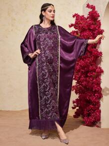 Al Najma 女士亮片葉子刺繡網帶拼接蝙蝠袖連衣裙 - 紫色 - 查看 6