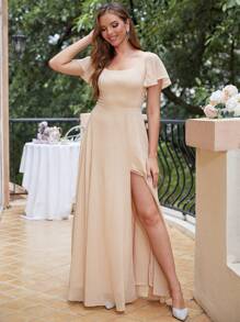 Jednolita Kolorowa Okrągła Dekolt Boczny Rozcięcie Talii Sukienka Dla Druhny - Szampan - Zobacz 5