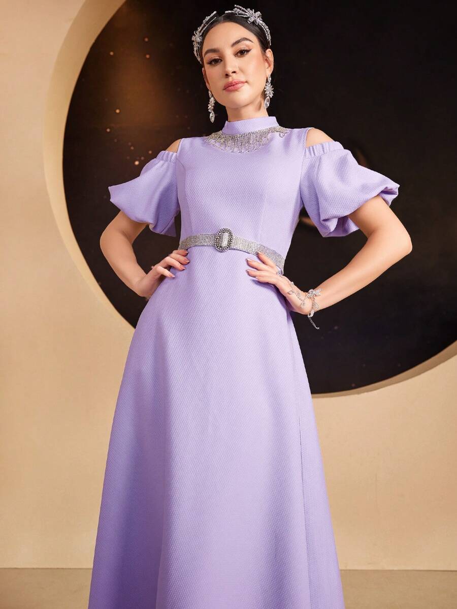 Modelyn 女式露肩泡泡袖连衣裙配水钻装饰立领长款晚礼服 - 紫色 - 查看 1
