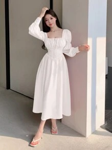 DAZY Ladies' Solid Color Square Neck With Ruffle Hem Sleeves, Pleated Ribbon Tie Dress, Fall Dress - White - View 5