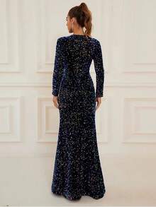 Navy Sequined Mermaid Maxi Evening Dress, Long Sleeve Round Neck, Wedding Event Dress, Formal Prom Gown, For Wedding Guest, Graduation, Dinner - Navy Blue - View 2