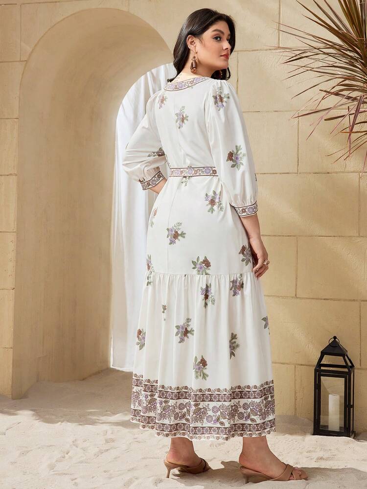 Plus Size Flower Printed Square Neckline Dress