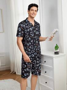Men's Heart Print Short Sleeve Homewear Set - Black - View 5
