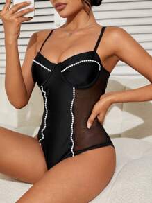 SHEIN Swim Summer Women's Mesh Panel Studded Cami One-Piece Swimsuit - Black - View 5