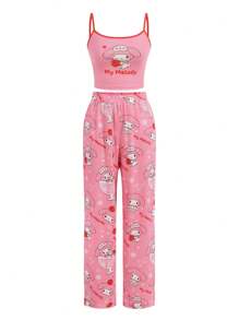 HELLO KITTY AND FRIENDS | SHEIN Conjunto de pijama de Camiseta con Estampado de Melodía Rosada de Dibujos Animados y Letras y Pantalones, Lindo Conjunto de Pijama - Rosa - Ver 1