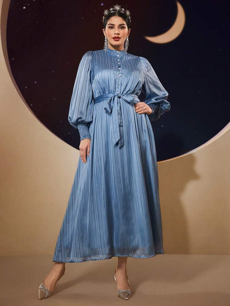 Plus Size Women's Satin Pleated Stand Collar Arabian Dress,Elegant Evening Party Dress Long Evening Dresses