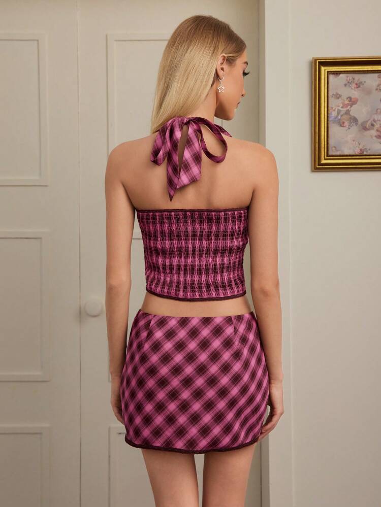 Women's Plaid Halter Neck Top And Skirt Set