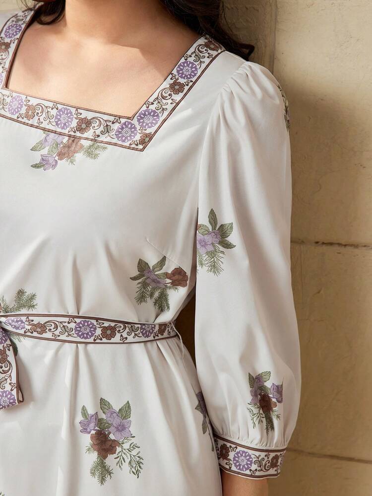 Plus Size Flower Printed Square Neckline Dress