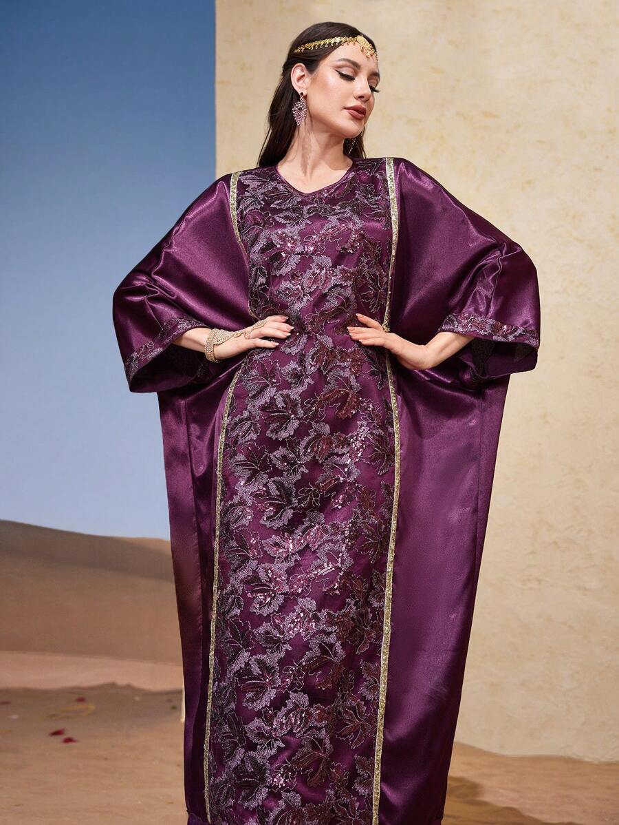 Al Najma 女士亮片葉子刺繡網帶拼接蝙蝠袖連衣裙 - 紫色 - 查看 1