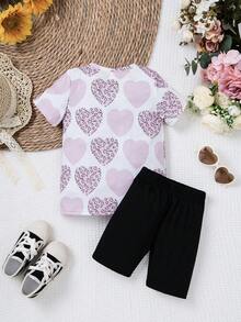 SHEIN 少女粉色愛心和豹紋印花上衣搭配黑色短褲2入組 - 彩色 - 查看 2