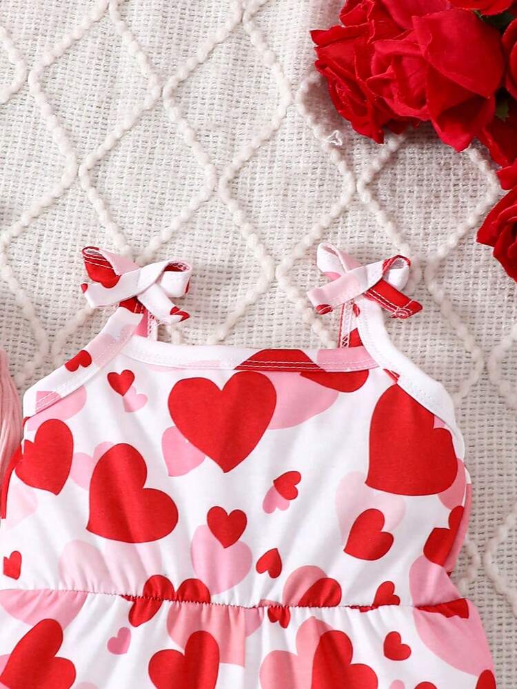 2pcs/Set Baby Girls' Casual & Elegant Heart Printed Jumpsuit, Suitable For Valentine'S Day