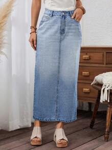 SHEIN X SAMADHI SHEIN LUNE Women's Zipper High Waist Long Denim Skirt With Pockets