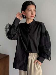 FRIFUL 女式波尔卡圆点网眼撞色灯笼袖衬衫长袖上衣 - 黑色 - 查看 1