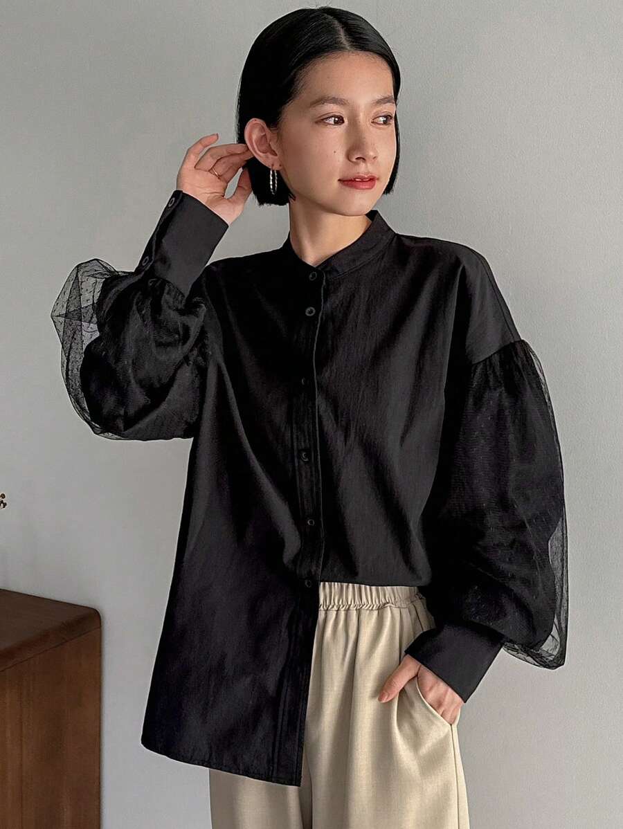 FRIFUL 女式波尔卡圆点网眼撞色灯笼袖衬衫长袖上衣 - 黑色 - 查看 1