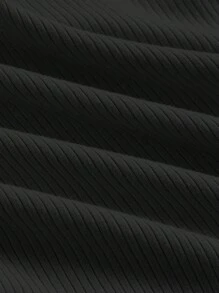 SHEIN Girlism 少女用肋式編織拼接和色塊花邊修飾的方領短袖T卹 - 黑色 - 查看 5