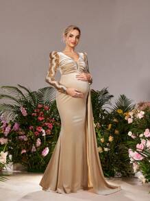 Faeriesty Dressalisa Maternity Plunging Neck Ruched Draped Side Velvet Formal Party Dress - Champagne - View 5