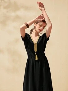 Al Najma Women's V-Neck Shirt With Fringe And Patchwork Ribbon & Skirt 2pcs Set 2 Piece Set - Black - View 5