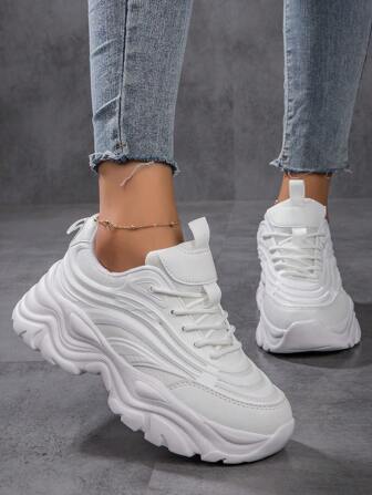 Fall/Winter Sporty Front Chunky Sneakers For Women,Everyday Collection Women's Fashionable White Women Shoes Thick-Soled Colorblock Graphic Lace-Up Women Platform Shoes Lightweight Breathable Women's Athletic Shoes Outdoor Sports Shoes For Women Tennis Shoes