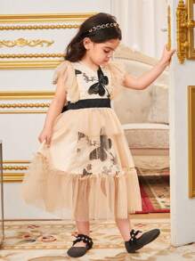 SHEIN Young Girls' Cute Butterfly Patterned V-Neck Mid-Length Dress With Cap Sleeves - Beige - View 5