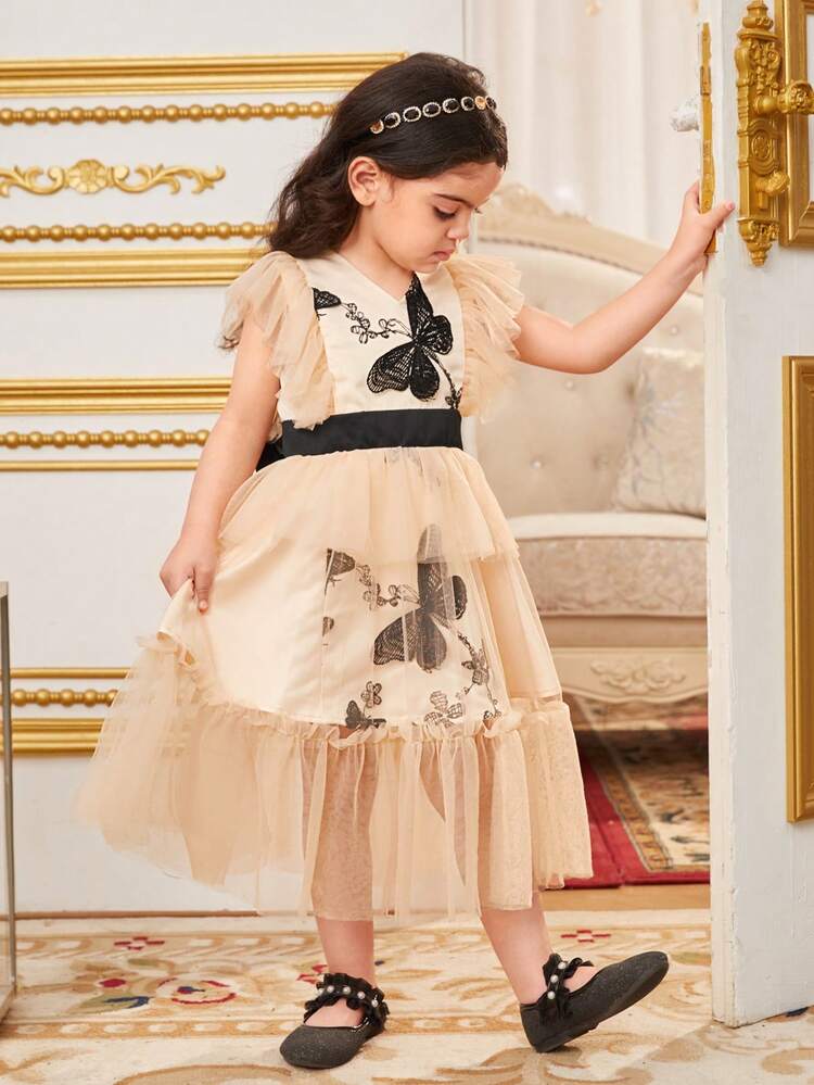 Young Girls' Cute Butterfly Patterned V-Neck Mid-Length Dress With Cap Sleeves