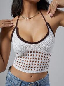 SHEIN Unity Women's Colorblock Halter Neck Hollow Out Knitted Top - White - View 3