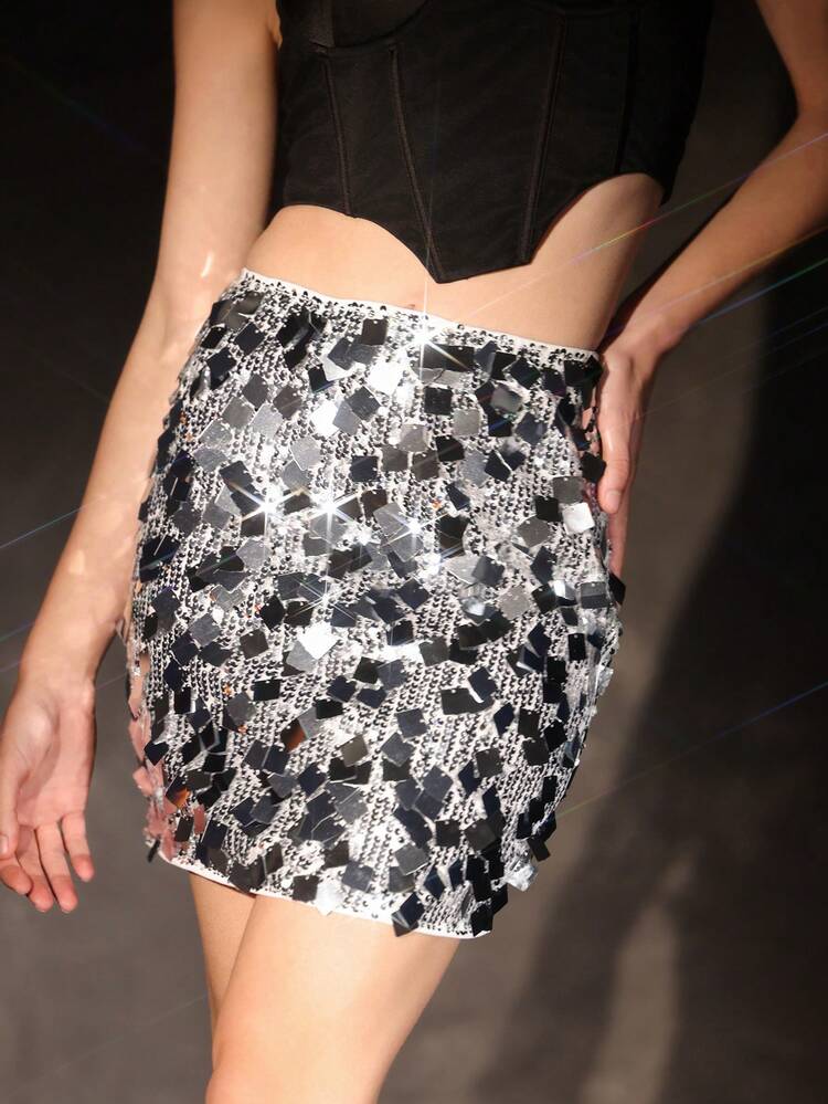 Silver Sequin Decor Bodycon Skirt