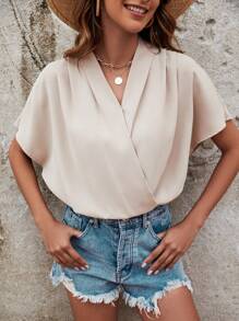 SHEIN Frenchy 女款v領褶皺蝙蝠袖連身衣 - 杏色 - 查看 1