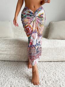 Swim Vcay 随机印花不对称下摆长裙罩衫，适合度假、夏季海滩 - 彩色 - 查看 3
