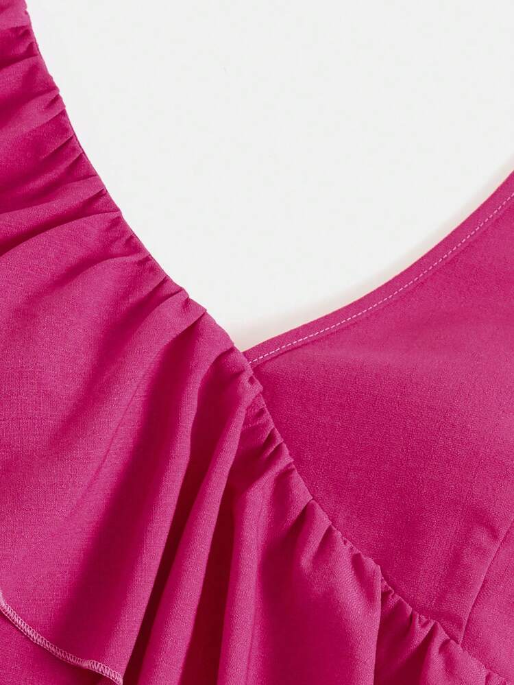 Women Vacation Solid Color Rose Red Romantic Ruffle Trim One Piece Summer Beach Jumpsuit