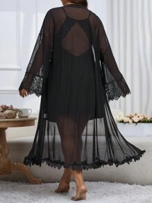 Plus Size Women's Sexy Lace Cami Dress And Mesh Robe Set - Black - View 2