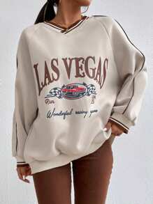 SHEIN Unity Áo len tay raglan in chữ và xe hơi, viền sọc, thích hợp cho lễ tốt nghiệp, giáo viên, mùa tựu trường thu. - Màu be - Xem 1