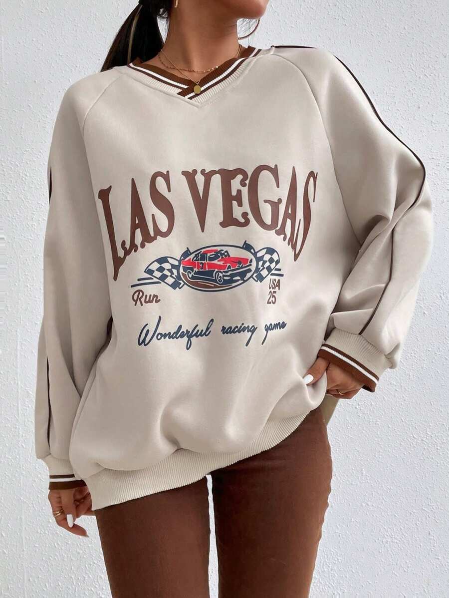 SHEIN Unity Áo len tay raglan in chữ và xe hơi, viền sọc, thích hợp cho lễ tốt nghiệp, giáo viên, mùa tựu trường thu. - Màu be - Xem 1