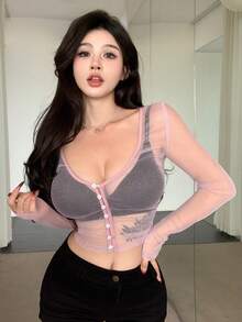 DAZY 女士透視網眼修身短款上衣 - 紫色 - 查看 4