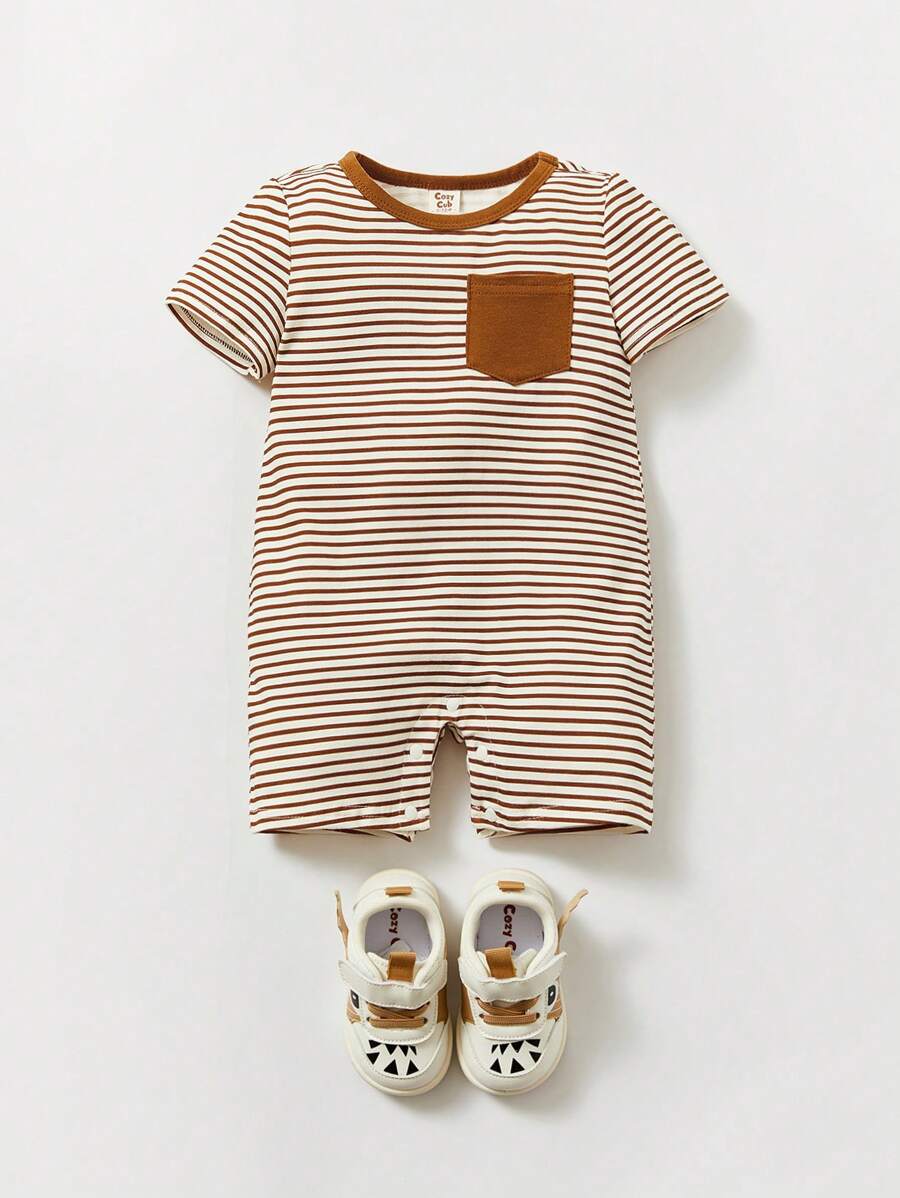 Cozy Pixies 男嬰條紋印花口袋貼布連身短褲 - 彩色 - 查看 1