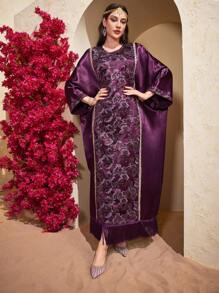 Al Najma 女士亮片葉子刺繡網帶拼接蝙蝠袖連衣裙 - 紫色 - 查看 4