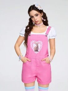 ROMWE Kawaii Women's Cartoon Rabbit Print Denim Overalls Shorts - Baby Pink - View 6