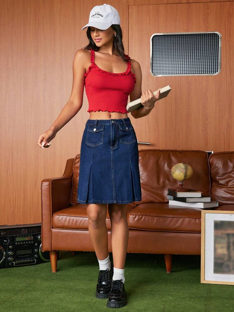 Women's Ribbed Crop Tank Top With Lettuce Hem