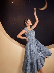 Modelyn Vestido largo de noche con cierre envolvente estampado jacquard y volantes en el bajo para mujer - Neblina azul - Ver 1